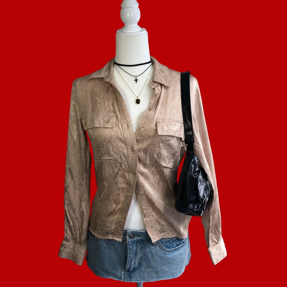 Vintage Y2K GUESS Neutral Snakeskin Jacquard Textured Button Down Shir Womens XS